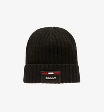 Bally Men's Black Ribbed Logo Wool Beanie 6240324 MSRP $199 NEW
