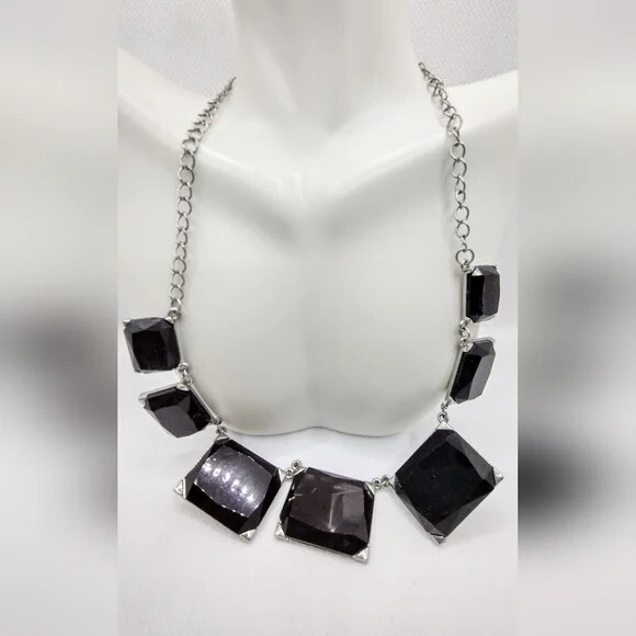 Black Statement Necklace • Large Geometric Facete… - image 2