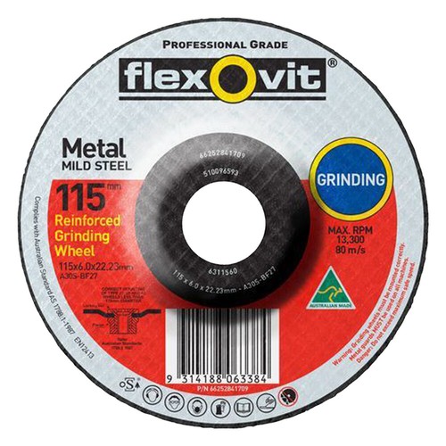 Flexovit 6311560 Grinding Disc for Steel 4-1/2” 115x6x22mm Raised x5 - Picture 1 of 3
