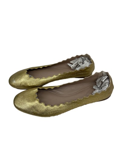 Chloe Metallic Gold Leather Ballet Flats Women Size 41 1/2 US 11.5 Flaws