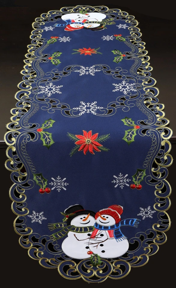 Holiday Christmas Snowman Snowflake Placemats Table Cloth Runner Navy Blue Gold - Image 2 of 4
