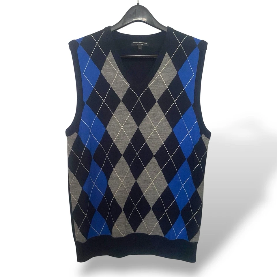 Suéter Express Chaleco Tejido Lana Merino Para Hombre L Azul Gris Rombo Argyle Golf Foto 4 de 4