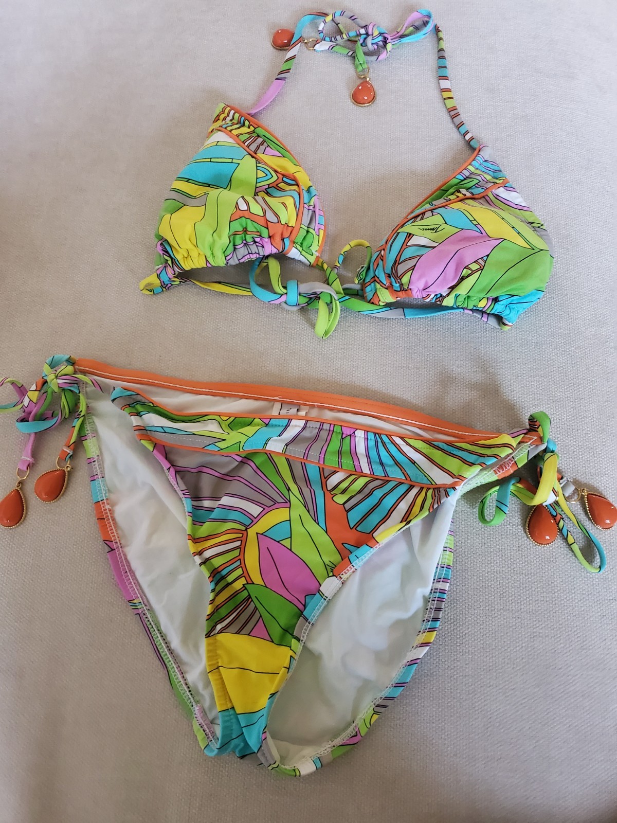 New  Trina Turk Multicolor Gold Hardware Bikini Top & Bottom Size 12