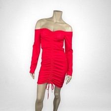 NWT PRETTYLITTLETHINGS Red Ribbed Long Sleeve Bardot Ruched Bodycon Dress 12