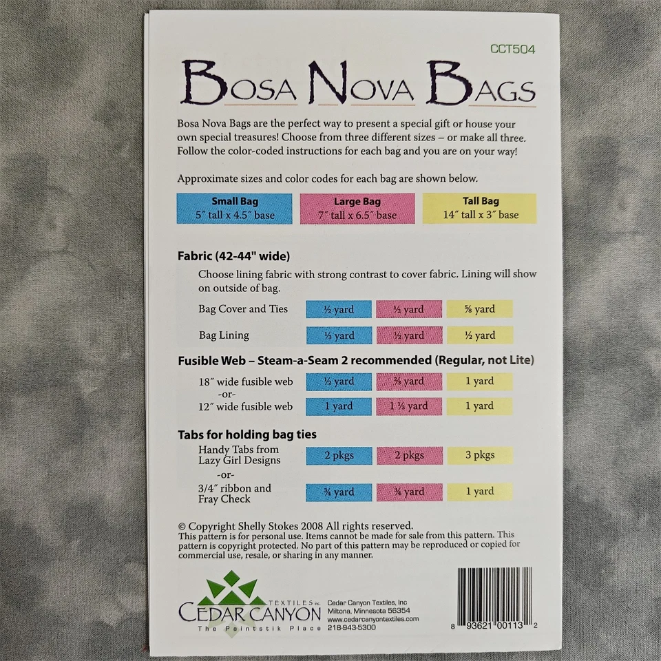 Cedar Canyon Bosa Nova Bags Sewing Pattern CCT504 by Shelly Stokes (2008) - Image 3 of 3