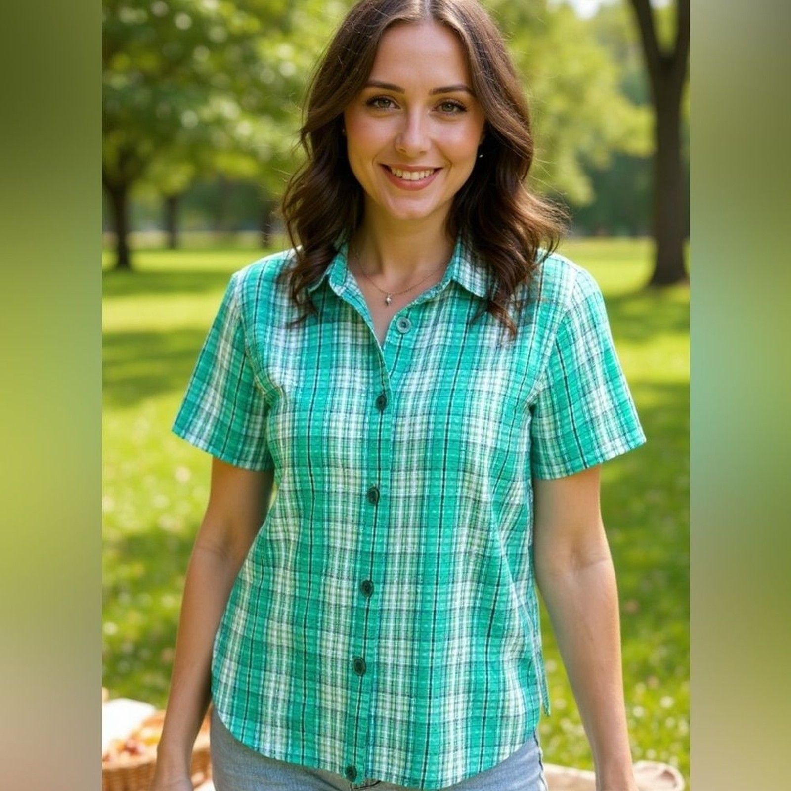 Cotton Basic Edition Green Plaid Button Down Shirt - image 1