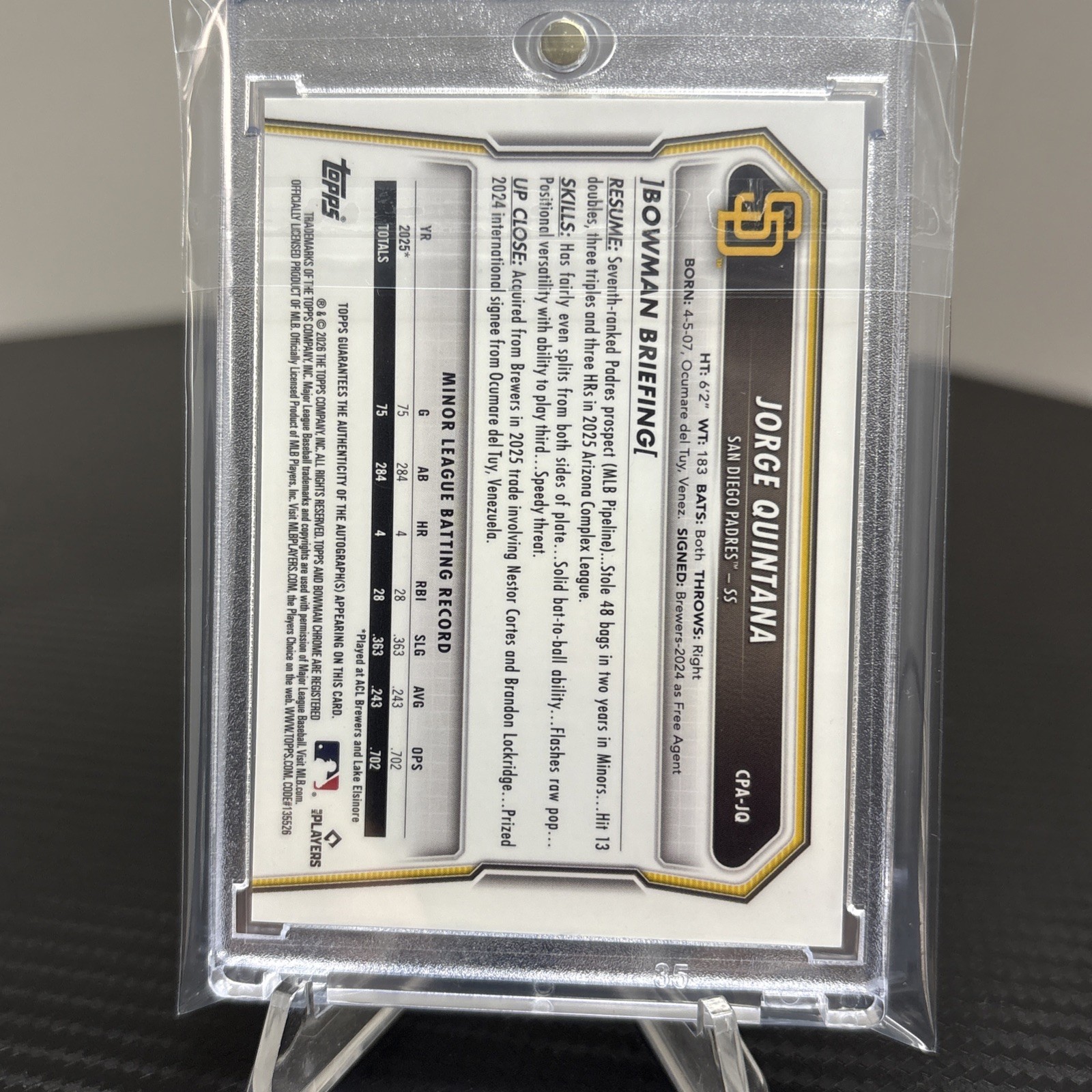 2026 Bowman Chrome Jorge Quintana 1st Bowman Green Reptilian Auto /99 #CPA-10 view 3