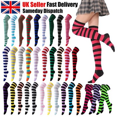 High Over the Knee Socks Long Plain Striped Thigh High OTK Socks UK SIZE 4-6