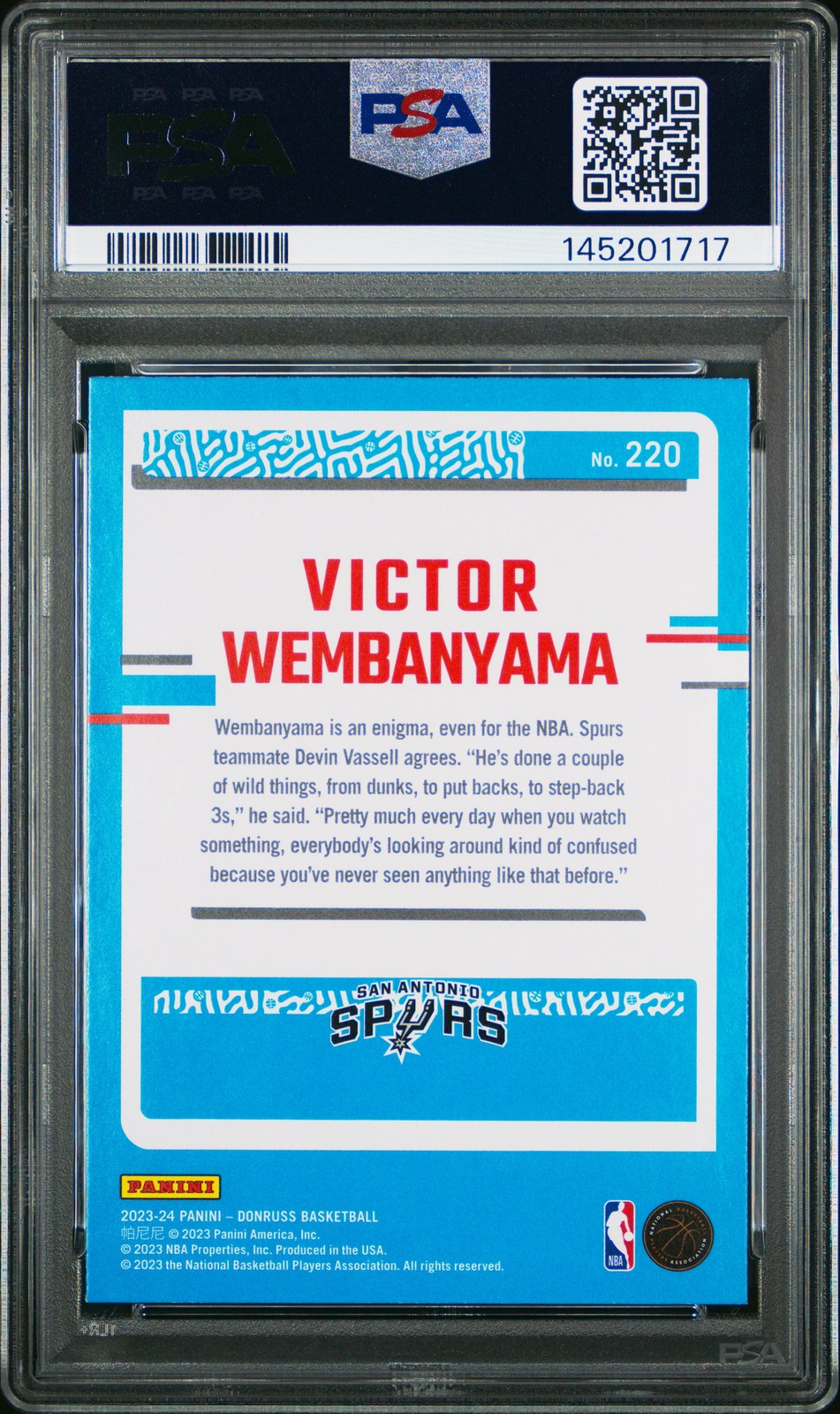 2023 Panini Donruss #220 Victor Wembanyama Holo Green Laser PSA 9 view 2