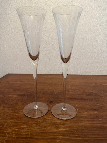 Etched Champagne Flutes Pair Tall 12” Romantic Birds Hearts Glasses