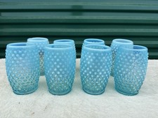 VINTAGE FENTON BLUE OPALESCENT HOBNAIL DRINKING GLASSES / TUMBLERS - SET OF 8