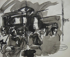 Auguste-Jean Gaudin, small ink drawing. Outdoor scene with people. Paris 1940s