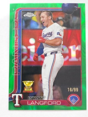 Wyatt Langford 2025 Topps Chrome #68 Green RayWave Refractor /99 Texas Rangers