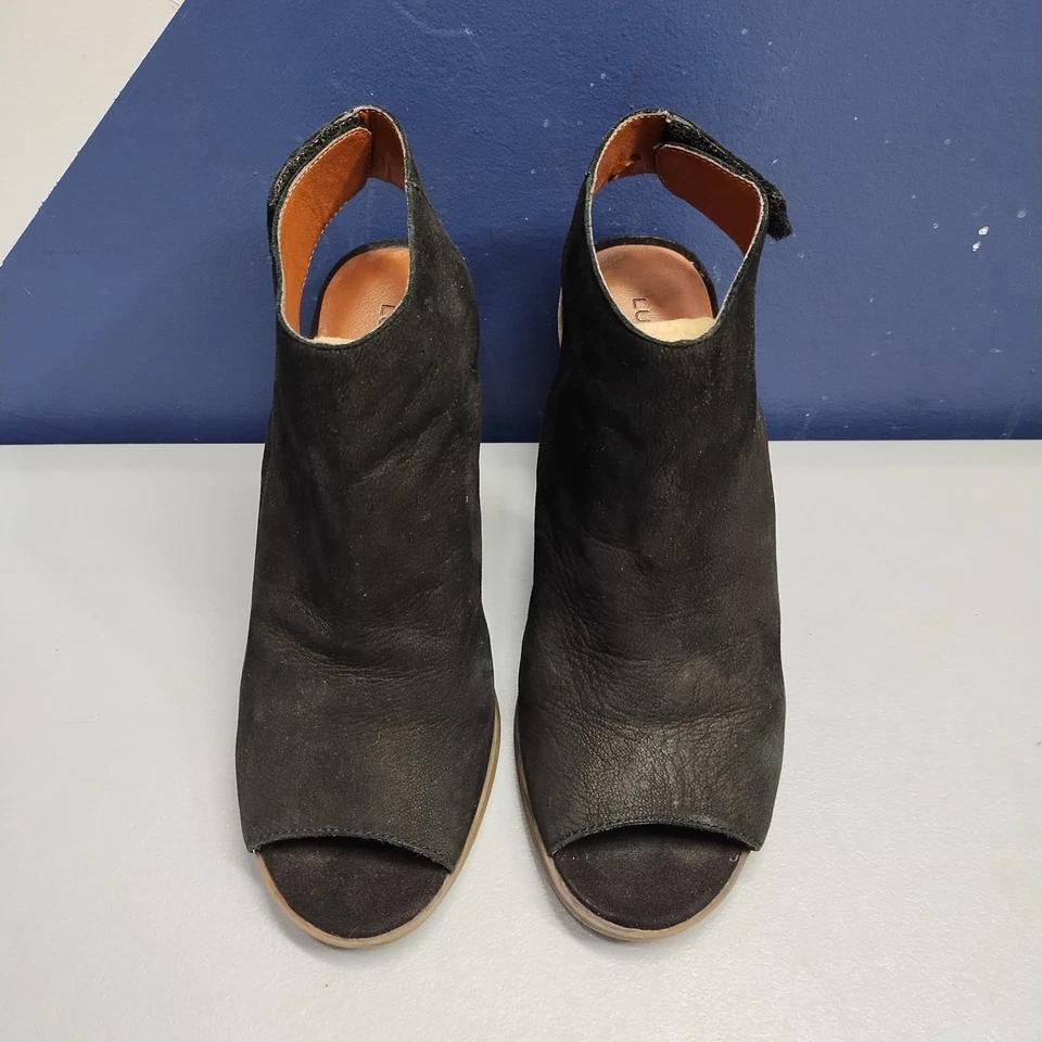 Sandalias de tacón bloque Lucky Brand Odenah para mujer EE. UU. 8M cuero negro marrón punta abierta Foto 2 de 4