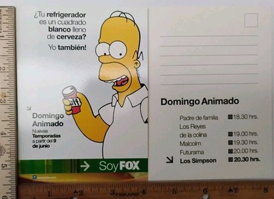 The Simpsons Homer Fox TV Promo Postcard Mexico Domingo Animado Futurama Rare