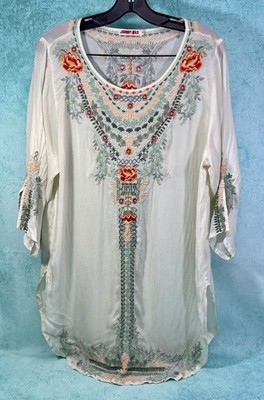 JOHNNY WAS JWLA White sheer TUNIC Top Coverup Boho Floral Peacock Embroidered L
