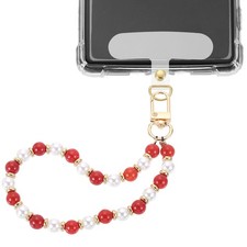 Phone Wrist Strap, Pearl Beaded Phone Charm with Tether Tab, Red  White