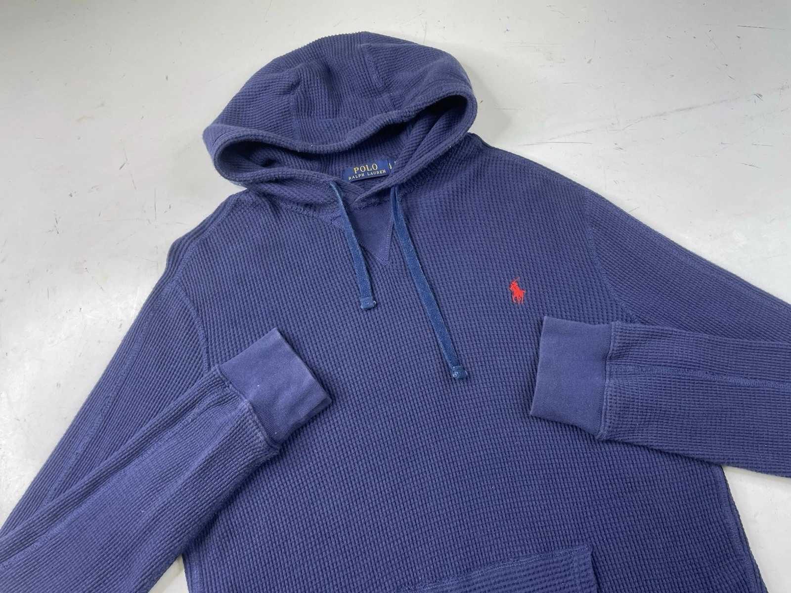 Polo Ralph Lauren Mens Large Blue Waffle Knit Thermal Pullover Hoodie Sweatshirt