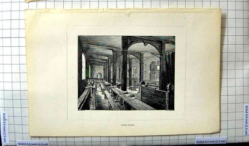 Original Old Antique Print Architecture View Lower School Room