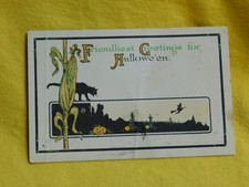 Antique 1914 The Fairman Co. Halloween Postcard Black Cat/Corn Stalk/JOL/Witch