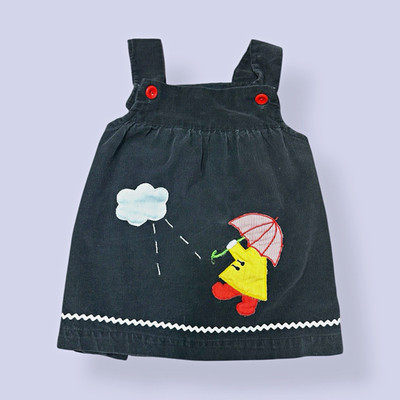 Girls 2T Black Corduroy Overall Dress Sleeveless Strappy Embroidered Duck