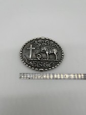 Nocona Western Belt Buckle Cowboy Man at Cross Praying Silver 37374