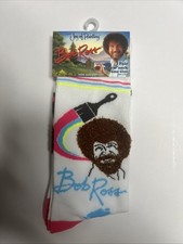Bob Ross  The Joy Of Painting  White  Pink Crew Socks Size 8-12 Brand New