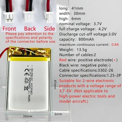 DC 3.7V 800mAh 603040 Rechargeable Lithium Polymer Battery for DIY