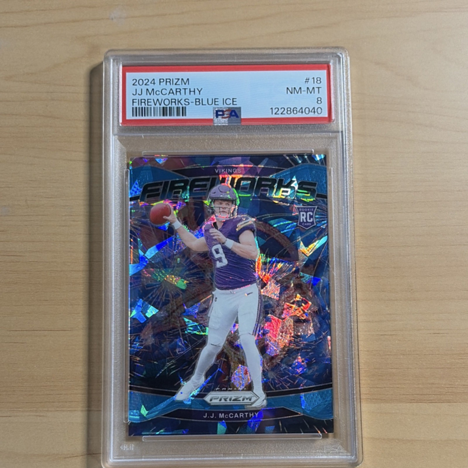 Panini 2024 Prizm Fireworks J.J. McCarthy #18 Blue Ice Prizm /99 Rookie Vikings
