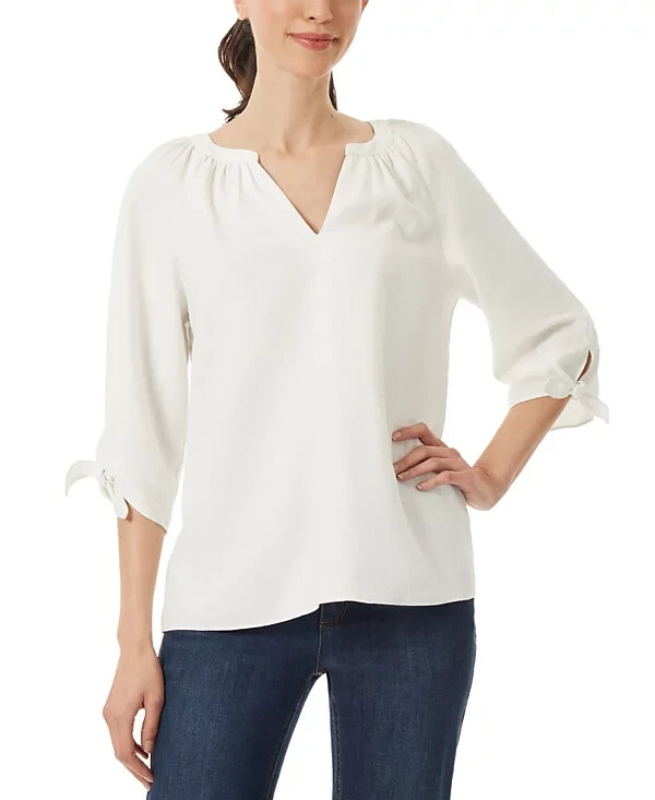 Jones New York Women's Linen Blend Tie Sleeve Blouse White