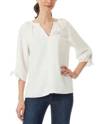売れ筋商品|||ジョーンズニューヨーク カットソー トップス レディース Women's Printed Linen-Blend Button-Trim Blouse Nyc White/kelly 11_10896181-9UB_10890849-