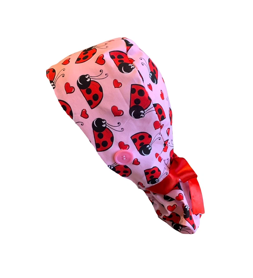 Ladybug SATIN LINED Scrub Cap Ponytail Hat Long Hair Protection - Image 3 of 4