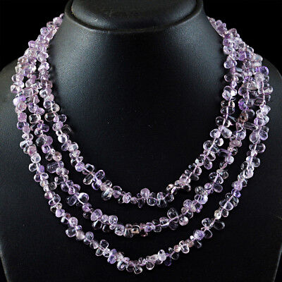 Untreated 547.50 Cts Natural 3 Strand Purple Amethyst Tear Drop Beads Necklace