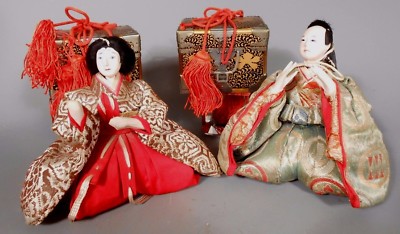 Fine Old Japanese Ningyo Wedding Couple with Two Gift Boxes 20th  century