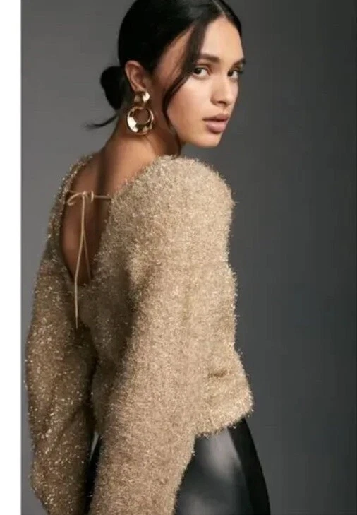 Suéter pulôver de cílios Anthropologie dourado metálico festivo cropped tamanho G. - Imagem 3 de 4