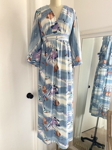 Vintage 70s Floral Wide Sleeve Tie Back Women's Blue Maxi Dress Sz S Boho Hippie