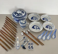 33 Pc Lot Asian Blue & White Koi Dragon Serving Bowl Rice Grain Spoon Chopsticks