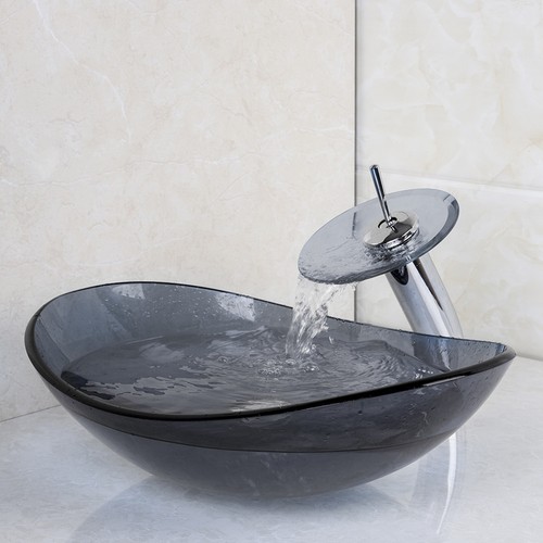 Oval Tempered Glass Vessel Wash Sink Basin Bowl Mixer Waterfall Faucet Brass Tap - Picture 6 of 6