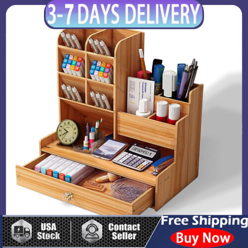 Wooden Pen Pencil Storage Holder Case Organizer Office Desk Tidy Case Rack Shelf