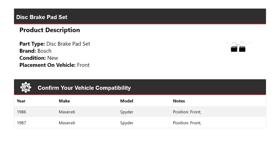 Полуметаллические тормозные колодки с передним жестким диском для Maserati Spyder Bosch 1986-1987 годов выпуска - Изображение 2 из 4