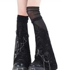 Harajuku Gothic Skull Fishnet Leg Warmer Mesh Spliced Over Knee Flared Leg Cover