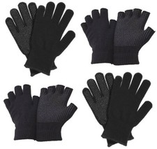 New Adults 3 Pairs Half or Full Finger Non Slip Thermal Gripper Black Gloves