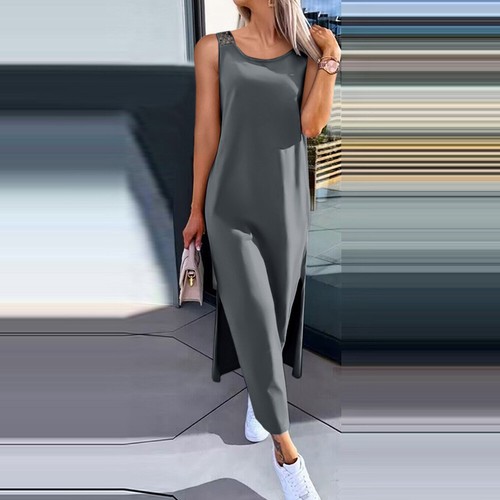 Womens Summer Sleeveless Maxi Tank Dress Holiday Beach Side Split Long Sundress - Picture 19 of 19