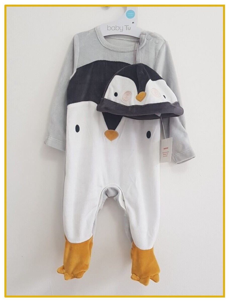 Baby Unisex Penguin Sleepsuit Hat Set Velour White Grey
