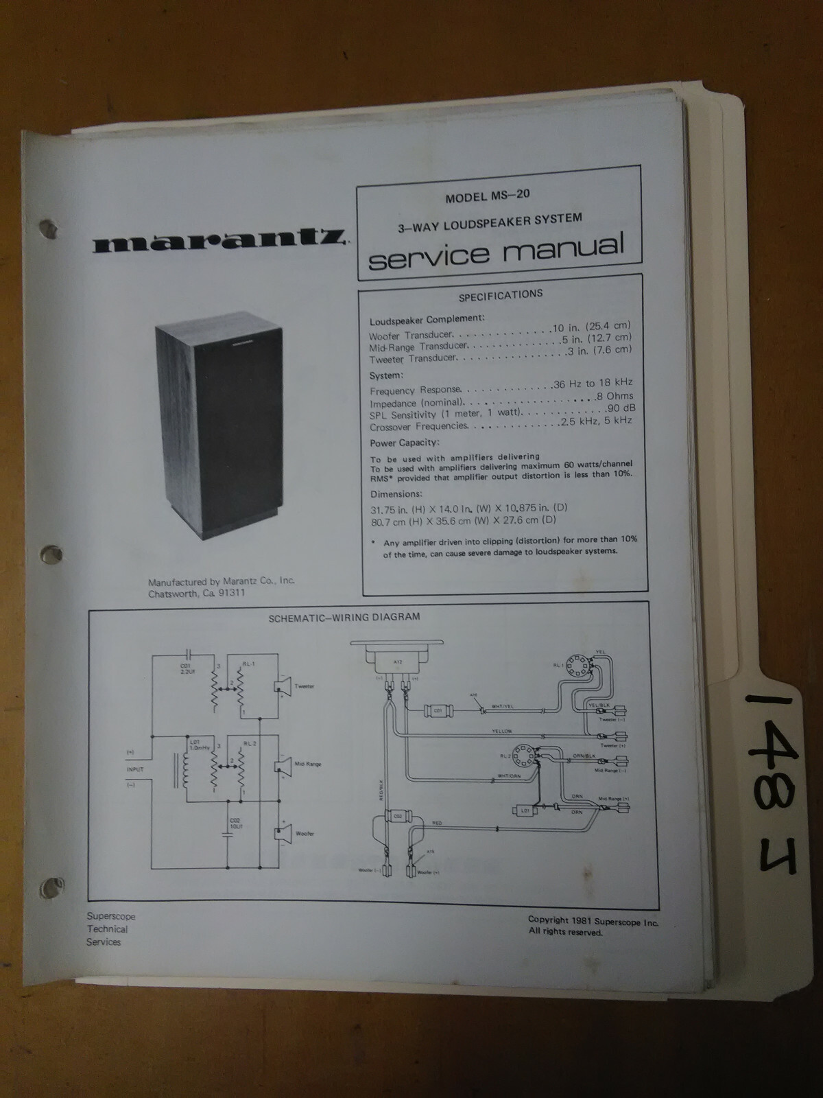 Marantz ms-20 Service Manual Original Repair Book Stereo Speaker 2 pages