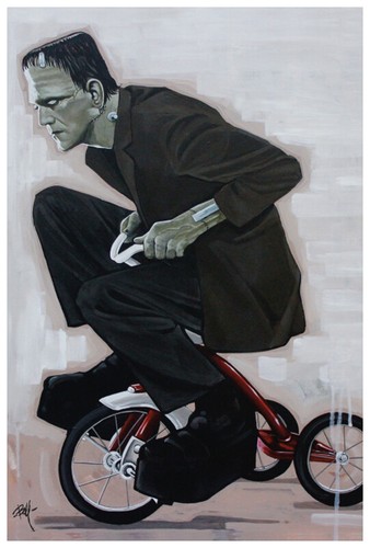 Eat My Dust by Mike Bell Fine Art Print Frankenstein Monster Riding a Tricycle