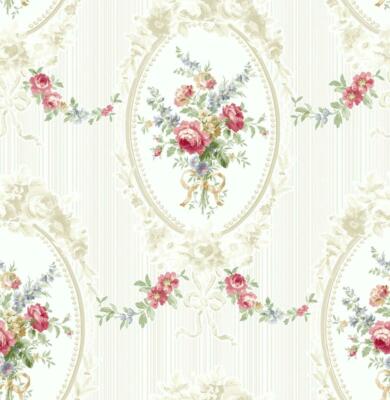 Wallpaper Red Pink Blue Green Taupe Cameo Floral Swag Bouquet  56 sq ft / bolt