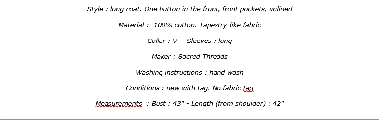 Nwt SACRED THREADS boho patch bohemian funky tapestry cotton JACKET COAT TOP L - Image 2 of 4