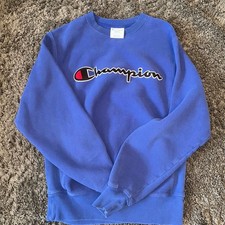 Champion Reverse Weave Blue Spell Out Script Applique Crewneck Sweatshirt