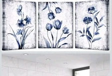 KREATIVE ARTS 3 Pieces Canvas Wall Art Navy Blue and Grey Flower Painting Art...